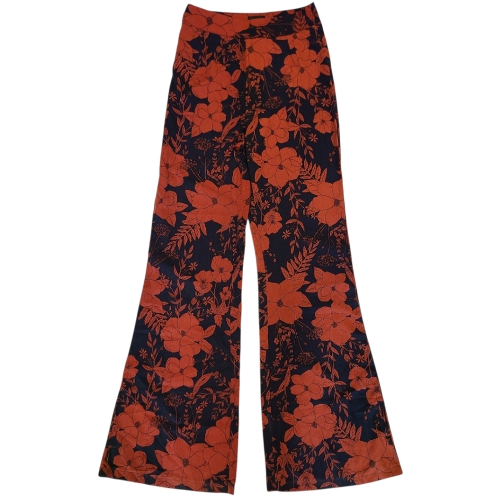 PrettyLittleThing Navy Rust Red Tropical Floral Print Flared Wide Leg Pants 4